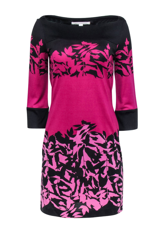 Diane von Furstenberg - Pink & Black Floral Print Long Sleeve Shift Dress Sz 4